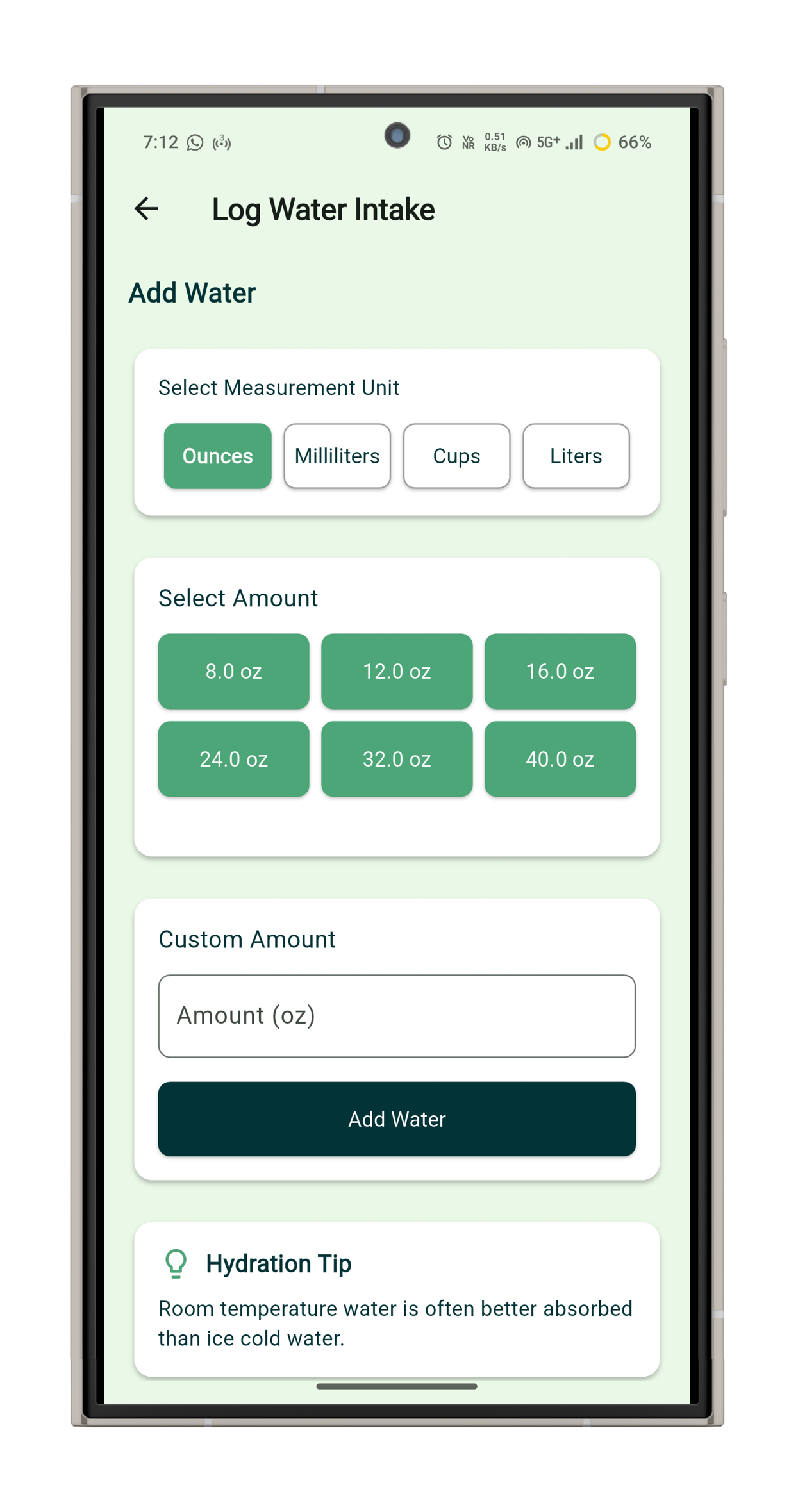 NexuSelf Hydration Tracking Feature